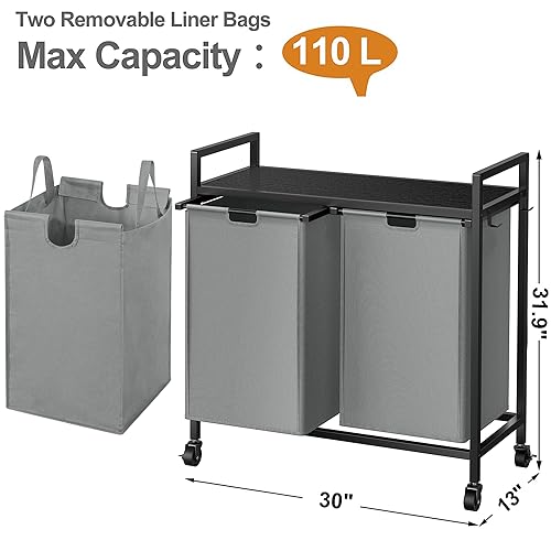 WOWLIVE Double Laundry Hamper with Wheels, Rolling Laundry Basket Organizer - color: Gray, size: 110l (30.0 x 13 x 32 Inches)