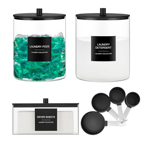 3 Pack Glass Jars and Acrylic Dryer Sheet Holder, Laundry Pods Container with Bamboo Lid and Measuring Cups for Laundry Room Organization, Powder Detergent Containers (Black) - color: Black