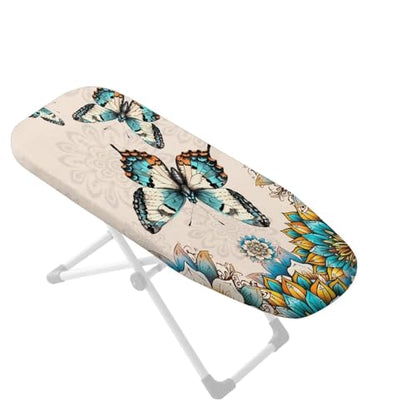 Mandala Flower Butterfly Printed Ironing Board Cover with Elastic Edge, Apartment RVs Anti Slip Iron Board Cover Scorch Resistant, Mini Table Top Ironing Cover Easy Replacement - color: Beige - Mandala Flower Butterfly