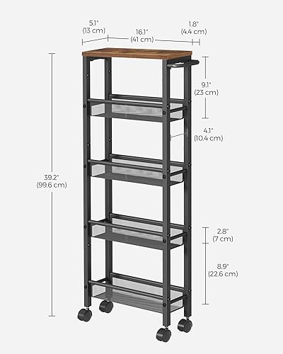 VASAGLE 5-Tier Slim Rolling Storage cart with Wheels, 5.1 Inches, Metal - color: Rustic Brown + Classic Black, size: 5 Tiers (5.1"D x 39.2"H)