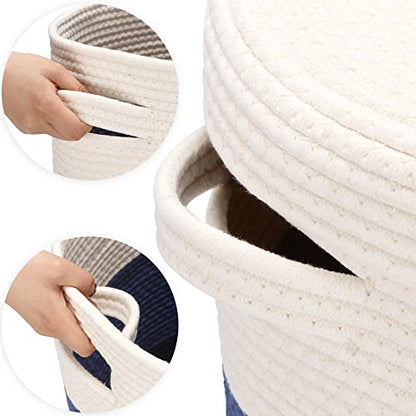 Sea Team Large Woven Cotton Rope Laundry Basket with Lid, 20 x 16 in - color: White & Navy Blue