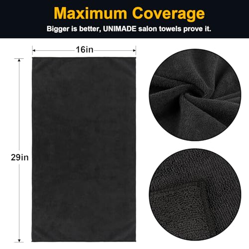 UNIMADE Salon Towels 48 Pack, Microfiber Barber Towel Bulk,(16x29 inches) Fast Drying Hair Towels Super Soft Black Hnad Towels for Gym, Salon, Bath, Spa Use and Home Hair Care(Not Bleach Proof) - color: Black, size: 48PK