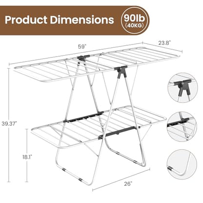 Clothes Drying Rack, 2-Tier Foldable Laundry Dryer Rack, Metal Height Adjustable Clothes Rack, for Outdoor & Indoor, with 31 Drying Rails, 59" L × 23.8" W