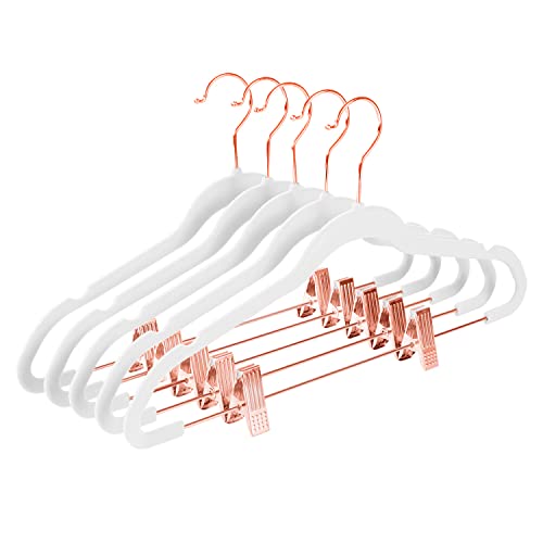 MIZGI Premium Velvet Pants Hangers with Clips (Pack of 20) Slim Skirt Hangers- Non Slip Felt Outfit Dress Hangers White - Copper/Rose Gold Hooks,Space Saving Shirt Clothes Hangers - color: White/Rosegold, size: 20-Pack