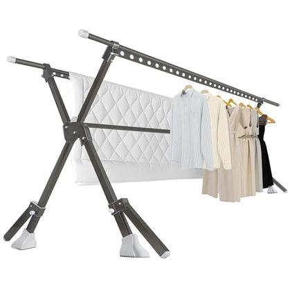 52-91 Inches Clothing Rack, Clothes Drying Rack Foldable, Length Adjustable, Laundry Clothes Drying Rack, Heavy Duty, Indoor Outdoor, with 42 Windproof Hooks, Easy Installed - color: Horseshoe Coat Rack