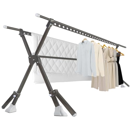 52-91 Inches Clothing Rack, Clothes Drying Rack Foldable, Length Adjustable, Laundry Clothes Drying Rack, Heavy Duty, Indoor Outdoor, with 42 Windproof Hooks, Easy Installed - color: Horseshoe Coat Rack