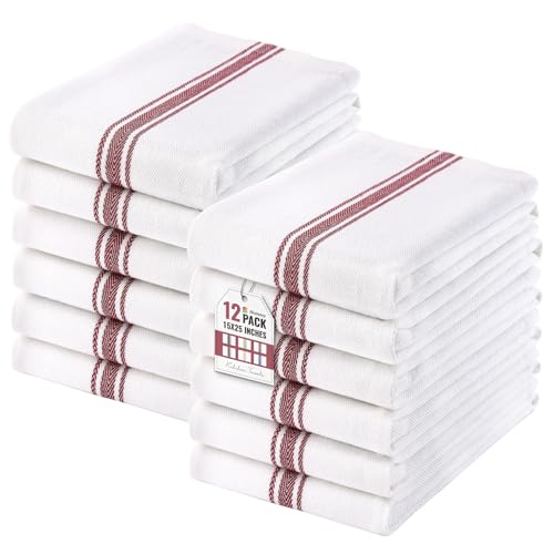 Homaxy 100% Ring Spun Cotton Kitchen Towels 12 Pack, Red Stripe - color: Red Stripe, size: 15" X 25" - 12 Pack