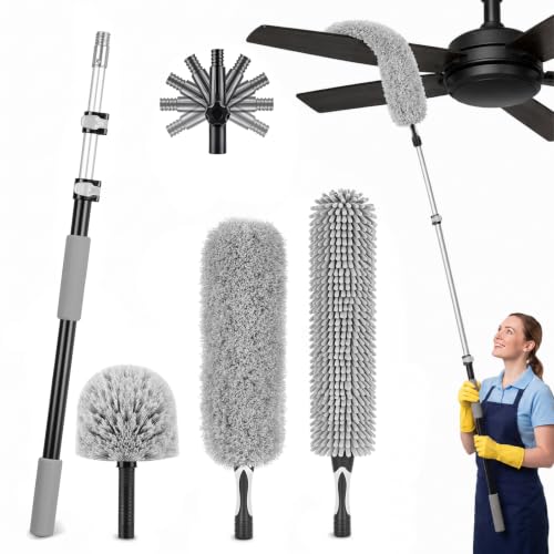 IDEATECH Cobweb Duster Kit with Extension Pole, 110-Inch Reach High Ceiling Fan Duster, Spider Web Brush with Telescoping Pole, Bendable Microfiber Duster for Wall Edges, Corners & Hard-to-Reach Areas
