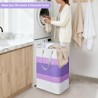 Stylish Freestanding Laundry Hamper with Waterproof Liner,72L Foldable Laundry Basket with Portable Handles Space-saving Storage Basket for Bedroom,Bathroom,Laundry Room,Easy Carry to Travel (Purple) - color: Purple