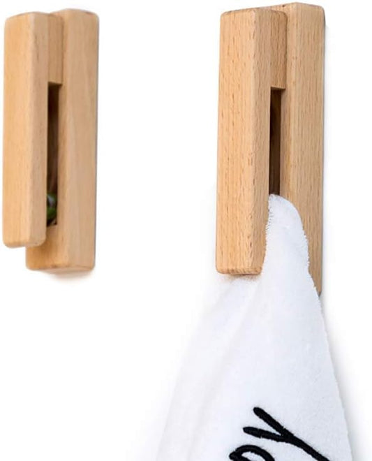 Wood Towel Hooks -Set of 2 Self Adhesive Vintage Towel Holder Wooden Wall Mounted Towel Racks for Bathroom and Kitchen Home Decor- Quick Drying, Firmly Holds(Beech) - color: Beech