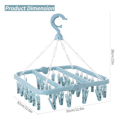 Laundry Drying Rack with 32 Clips, Foldable, Light Blue - color: Light Blue