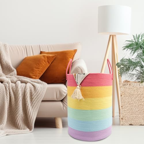 Woven Cotton Rope Laundry Basket, 15" x 20" Laundry Hamper, Rainbow - color: rainbow, size: Regular