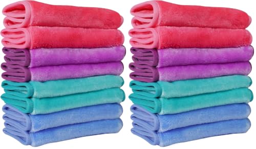 Nugilla Makeup Remover Cloths, 16 Packs Makeup Remover Towels Reusable Face Wash Cloth, Soft Microfiber Face Cloth for Women - color: Pink/Blue/Green/Purple, size: 1 Count (Pack of 16)
