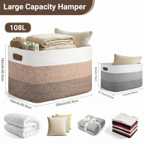 Large Laundry Basket/Hamper, 25"x16"x16" Rectangle Woven Basket - color: Gradient Brown/White, size: 108L