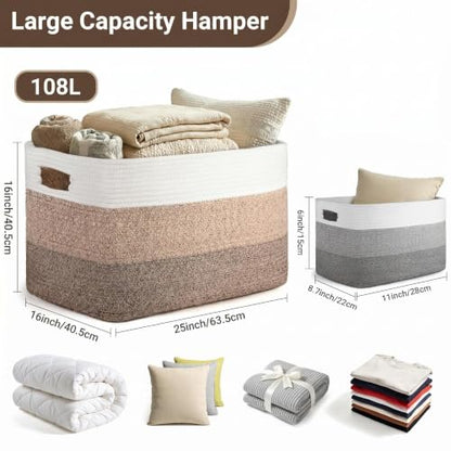 Large Laundry Basket/Hamper, 25"x16"x16" Rectangle Woven Basket - color: Gradient Brown/White, size: 108L