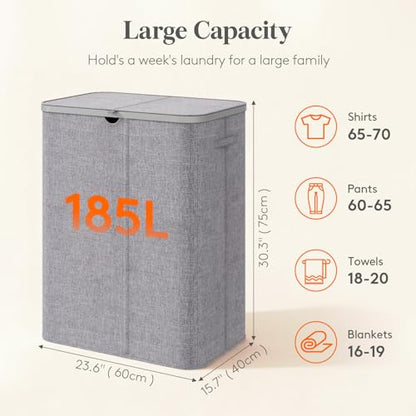 Lifewit 185L 3 Section Laundry Hamper with Lid, Laundry Basket, Light Gray - color: Light Gray, size: 185L