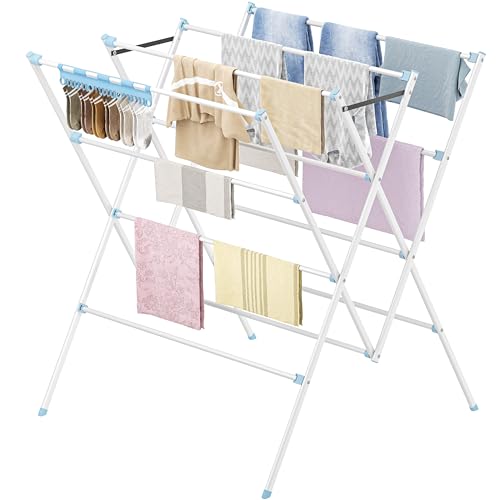 Drying Rack Clothing,12 Drying Poles with Sock Clips Clothes Drying Rack - color: Blue, size: 30in