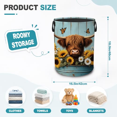 Laundry Basket,Highland Cow Sunflower Foldable Clothes Hamper with Handles,Blue Farmhouse Waterproof Oxford Cloth Storage Organizer for Bedroom Bathroom College Dorm,16" x 20" - color: Highland Cow Sunflower,Blue Farmhouse