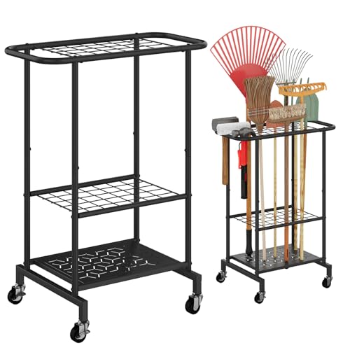 Rolling Garden Tool Organizer, Heavy Duty Steel Yard Tool Rack broom holder - style: Rack with Wheels