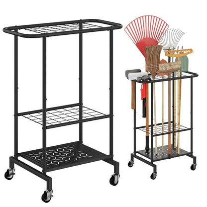 Rolling Garden Tool Organizer, Heavy Duty Steel Yard Tool Rack broom holder - style: Rack with Wheels
