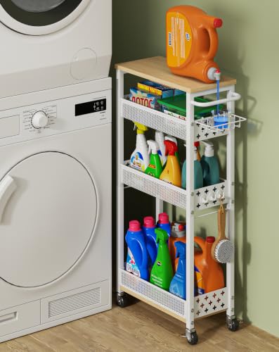 OKZEST Slim Laundry Room Organization Cart with Detergent Dispenser Holder - color: White, size: 4-Tier (with Detergent Dispenser Holder)