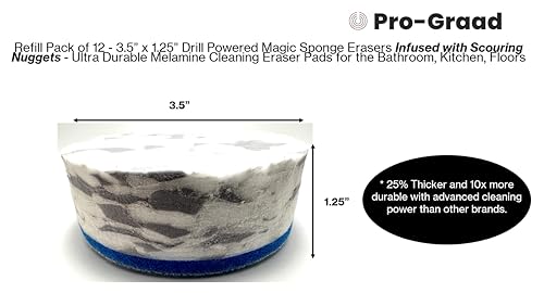 Refill Pack of 12 Drill Powered 3.5” Magic Sponge Erasers with Scouring - size: Round 3.5" x 1.25" with Scouring Nuggets