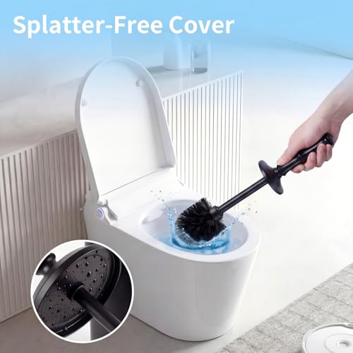 ROLABAM Toilet Bowl Brush and Holder Set, Heavy Duty Anti-Tip Metal Base, Rustproof Freestanding Toilet Bowl Brush with Long Handle & Splash Guard, Modern Bathroom Cleaning Accessories - color: Black-2