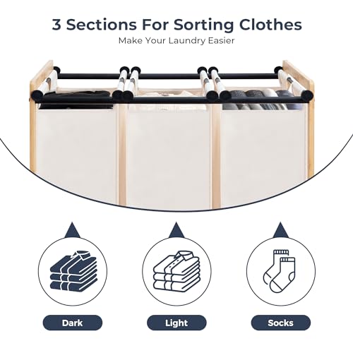 STO STO 3-Section Laundry Sorter with Bamboo Frame, Rolling Laundry Hamper Basket with Removable Bags and Lockable Wheels, Laundry Cart for Clothes Storage in Bedroom & Laundry Room, Beige