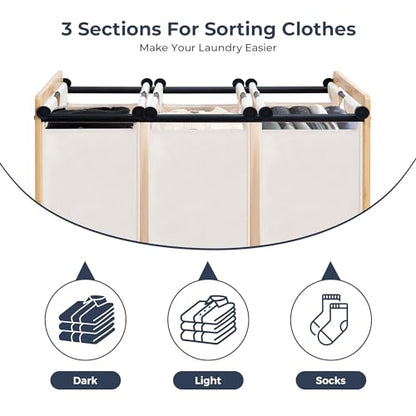 STO STO 3-Section Laundry Sorter with Bamboo Frame, Rolling Laundry Hamper Basket with Removable Bags and Lockable Wheels, Laundry Cart for Clothes Storage in Bedroom & Laundry Room, Beige