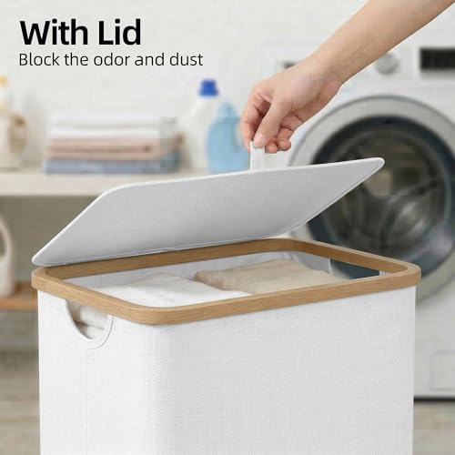 efluky Slim Laundry Basket with Lid, Narrow Laundry Hamper with Removable Bag, Skinny Dirty Clothes Basket with Bamboo Handles for Bathroom, Bedroom & Laundry Room, 65L White - color: White, size: 65L