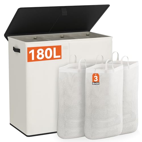 WOWLIVE Laundry Hamper with Lid, 180L Large Laundry Basket 3 Section - color: Beige, size: 180l (31.5x 12.2 X 27.5 Inches)