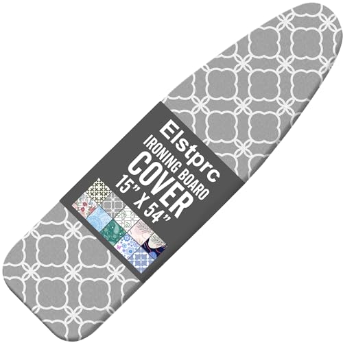 Grey Ironing Board Cover and Pad 15x54 Inch, 100% Cotton Surface Heavy Duty Iron Cover, Standard Size Ironing Board Covers, with Elastic Edge & 2 Hook & Loop Fastener Straps for Easy Installation - color: Grey02