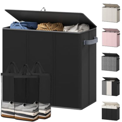 Optish 180L Laundry Hamper 3 Section, Large Hamper with Mesh Bags & Lid - color: Black