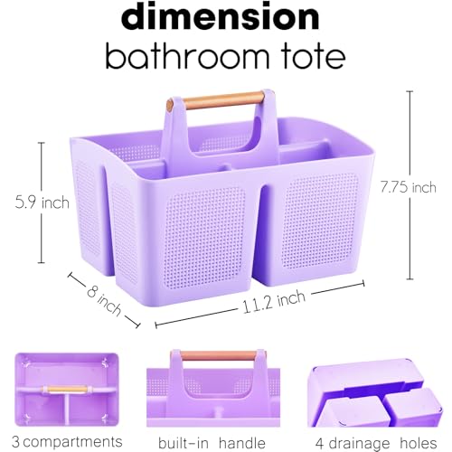 ALINK Portable Shower Caddy Basket with Compartments, Plastic Divided Cleaning Caddy Organizer Storage Tote with Handle for Bathroom, College, Dorm Room Essentials - Purple - color: Purple