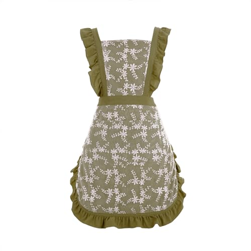 Pinknoke Vintage Pinafore Aprons for Women with Pockets for Kitchen - color: Army Green