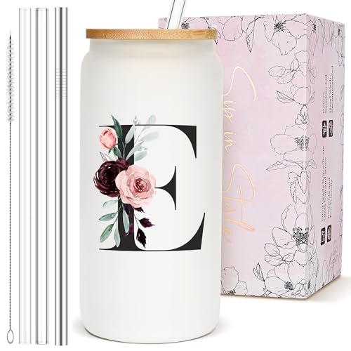 Personalized Customizable Gifts for Women, Cute Glass Cups with Lids and Straws, Customized Letter Iced Coffee Cup Drinking Glasses Initial Mug Tumbler, Birthday Boss Lady Gifts for Women Coworker, E - style: Letter E