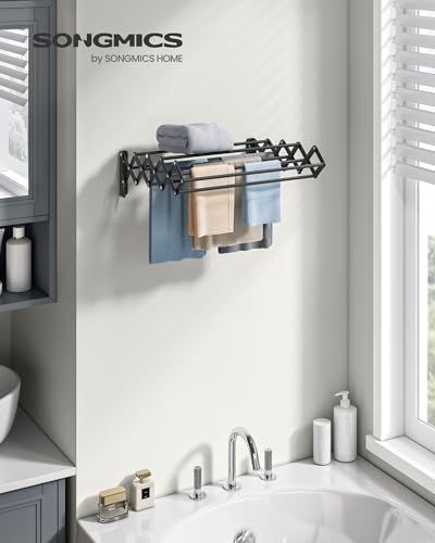 SONGMICS Clothes Drying Rack, Wall-Mounted, 9 Staggered Hanging Rods - color: Ink Black