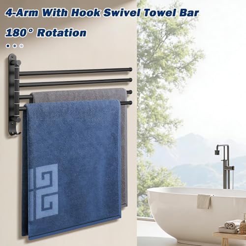 NearMoon Swivel Towel Rack, 19.5" Thicken 304 Stainless Steel 4-Arm Towel Bar, Space Saving Wall Mounted Towel Holder with Hook, Rustproof Swing Out Towel Hanger for Bathroom, Kitchen (Matte Black) - color: Matte Black, size: 19.5 Inch-Round
