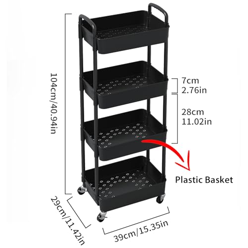 Sywhitta 4-Tier Plastic Rolling Utility Cart with Wheels for Storage, Black - color: Black, size: 4-tier