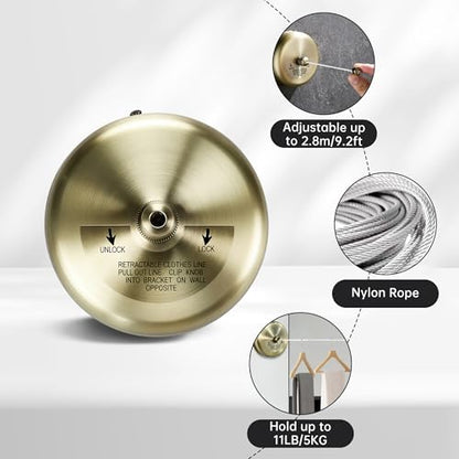 Retractable Clothesline,Stainless Steel Clothing Line Dryer with 9.2FT Nylon String for Shower Room Bathroom Laundry (Bronze) - size: Bronze