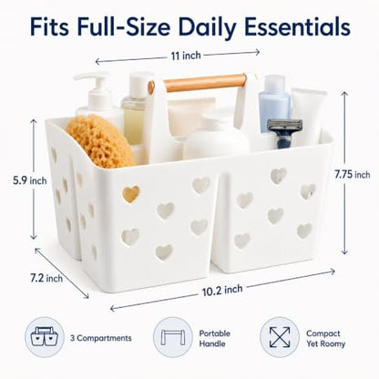 White Portable Shower Caddy, Plastic Basket Organizer with Wooden Handle - color: White