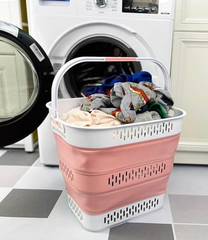 SAMMART 40L (10.5 Gallon) Collapsible Plastic Laundry Basket with Handles - Foldable Pop Up Storage Container/Organizer - Portable Laundry Hamper - Space Saving (1, Grey/Quartz Pink) - color: Grey/Quartz Pink