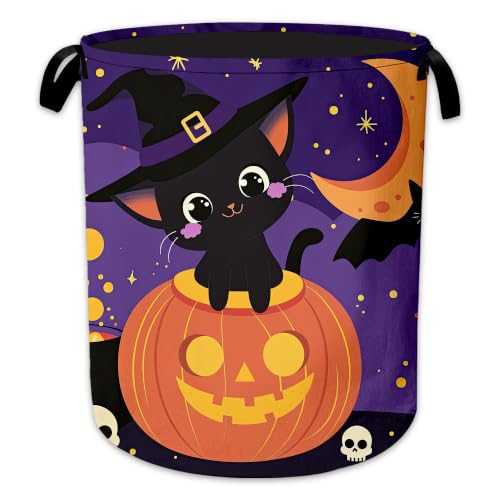 Laundry Hamper, Halloween Cat Collapsible Pumpkin Bat Laundry Baskets Waterproof Oxford Cloth With Handles, Clothes Storage Bucket For Bathroom/Bedroom 16" x 20.8" - color: Halloween Cat
