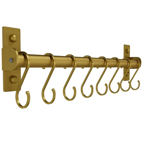 Dseap Kitchen Utensil Holder Hanger, Pot and Pan Rack Wall Mounted, Kitchen Rail with 8 Hooks for Hanging Cooking Utensils, Mugs, Spoons, Wall Mounted, Gold - color: Gold