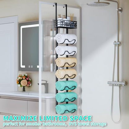 HapiRm Over The Door Towel Rack - 8 Tier Wall Mount Rolled Towel Holder Storage Organizer Shelf with Storage Basket for Small Bathroom, Rv, Camper - Black - size: 8-Tier Wall Mounted