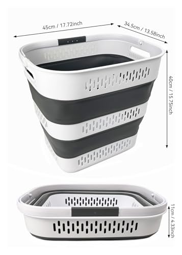 SAMMART 40L (10.5 Gallon) Collapsible Plastic Laundry Basket with Handles - Foldable Pop Up Storage Container/Organizer - Portable Laundry Hamper - Space Saving (2, White/Steel Grey) - color: White/Steel Grey