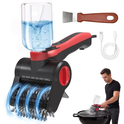 Electric Grill Brush with Water Spray System, Cordless BBQ Grill Cleaner, Rechargeable Power Scrubber for Gas, Charcoal & Pellet Grills, IPX8 Waterproof Grill Cleaning Brush with Scraper & Case