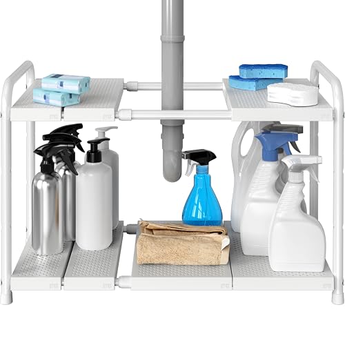 Simple Houseware Under Sink 2-Tier Heavy Duty Expandable Organizer, White - color: White