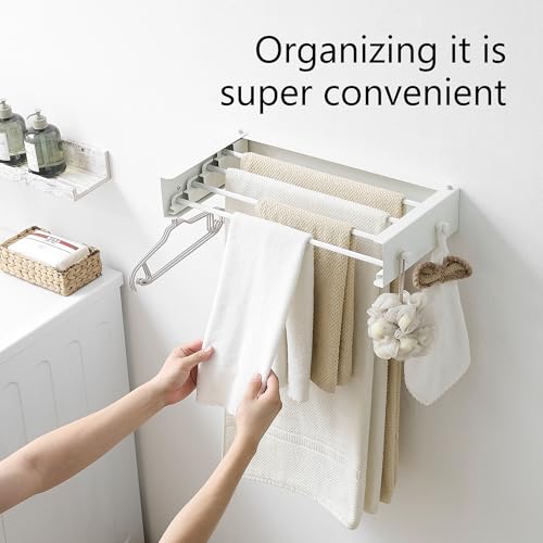 RFOUO Wall Mounted Clothes Drying Rack,White 19.7" with Hooks - size: 19.7 Inch with hooks