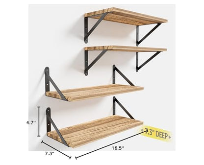 COCOYA Wall Shelves 7.3" Deep Solid Paulownia Wood (Light Brown, Set of 4) - color: Carbonized Black, Set of 4